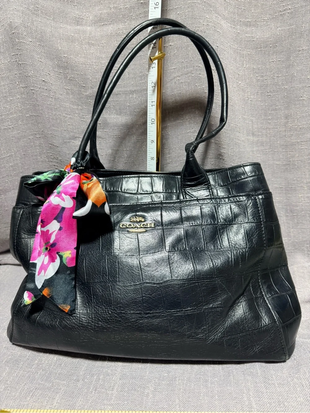 Coach Black Croc-Embossed Leather Tote with Floral Scarf Accent